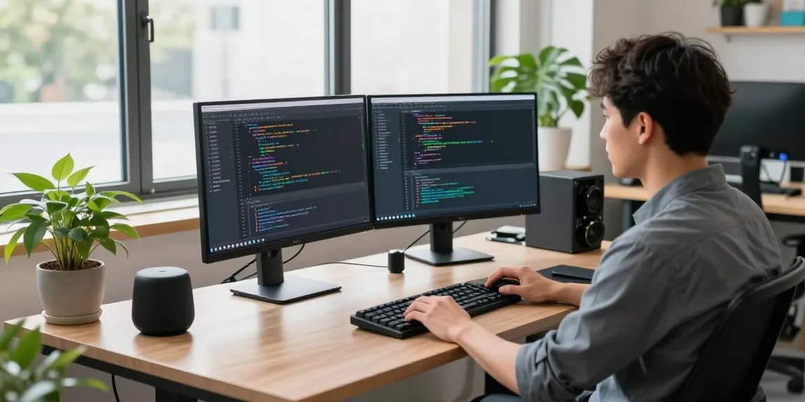 快连 provides a seamless tech experience in a modern workspace with dual monitors and coding setup.
