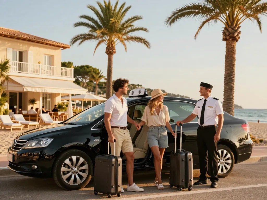 Taxi Saint-Tropez, service de taxi privé luxueux près d'un hôtel en bord de mer avec un chauffeur professionnel et un couple heureux.