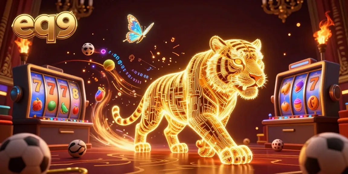 Experience the thrill of eq9 with a golden tiger amidst a colorful casino landscape filled with slot games.