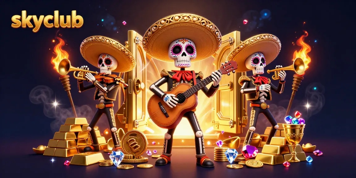Experience thrilling gaming with skyclub's vibrant 3D casino action featuring colorful characters and golden treasures.