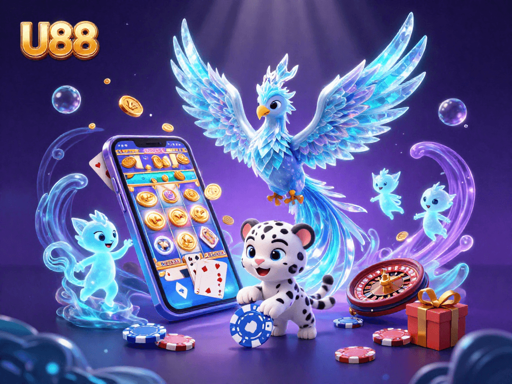 U88 gamblers enjoy vibrant experiences with a 3D cartoon scene featuring an ice phoenix and playful elements.