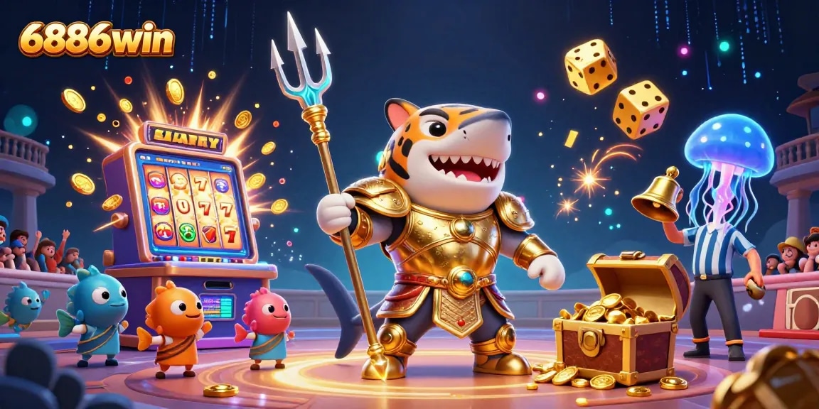 Experience thrilling wins at 6886win with a vibrant casino-themed 3D illustration showcasing dynamic game elements.