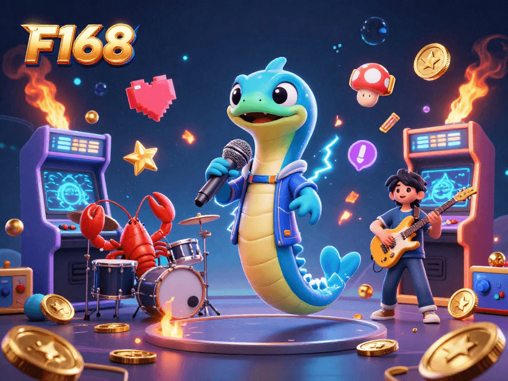 Experience F168's electrifying underwater fun with a DJ eel and casino-themed action.