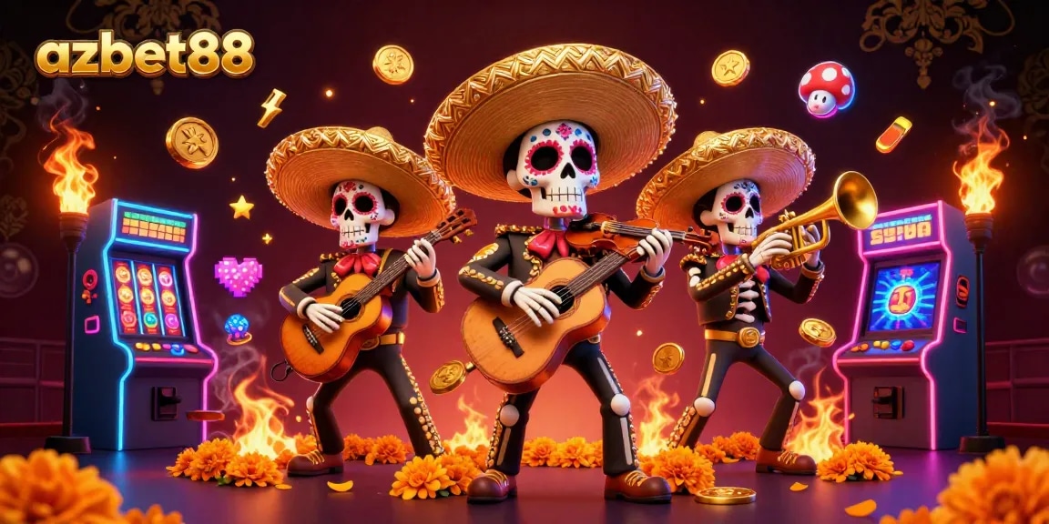 Experience excitement with azbet88 showcasing skeleton mariachi band and vibrant slot machines in a festive atmosphere.