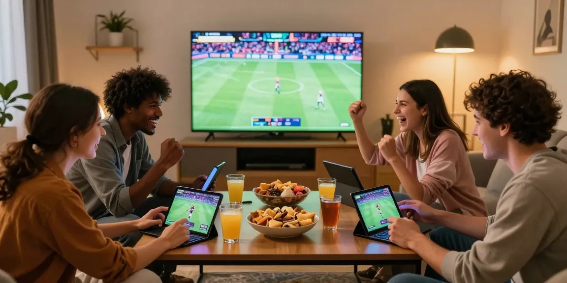 Friends enjoying the Solbet app online in a cozy living room, celebrating wins together.