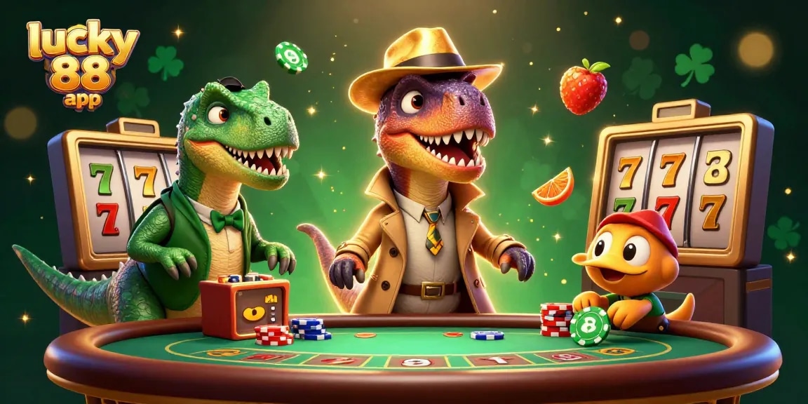 Engage with the lucky 88 app featuring vibrant slot symbols and animated characters in a lively casino scene.