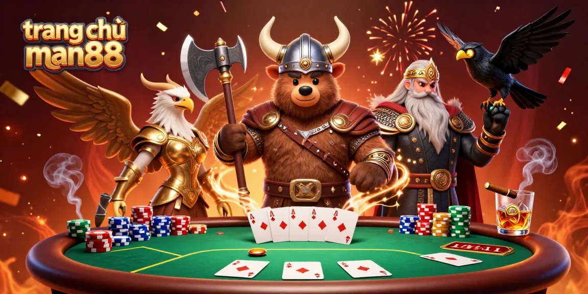 Engage with the vibrant scene of trang chủ man88 where a Viking bear and Valkyrie eagle are ready to play cards.