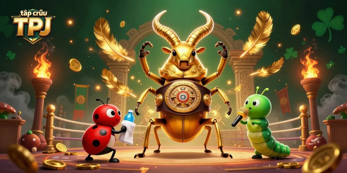 Engage with the thrilling scene of tập đoàn TPJ featuring a giant golden stag beetle champion in a colorful casino atmosphere.