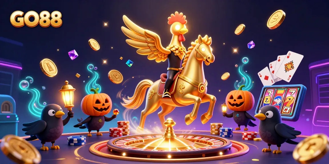 Experience the thrilling GO88 gaming atmosphere with golden rooster character and rich casino elements.