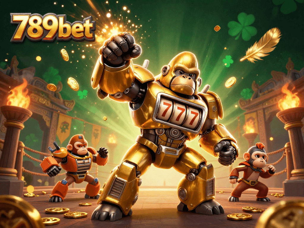 789bet transforms the online gaming experience with a stunning 3D gorilla mech in a vibrant casino scene.