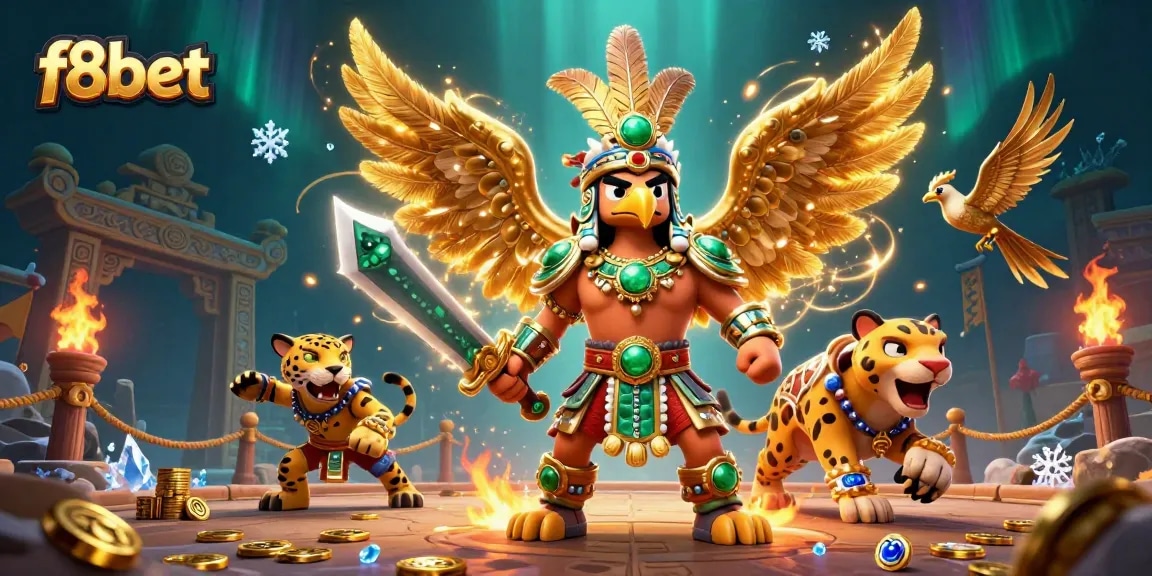 Experience thrilling moments at f8bet with a vibrant 3D casino illustration featuring dynamic warriors and game elements.