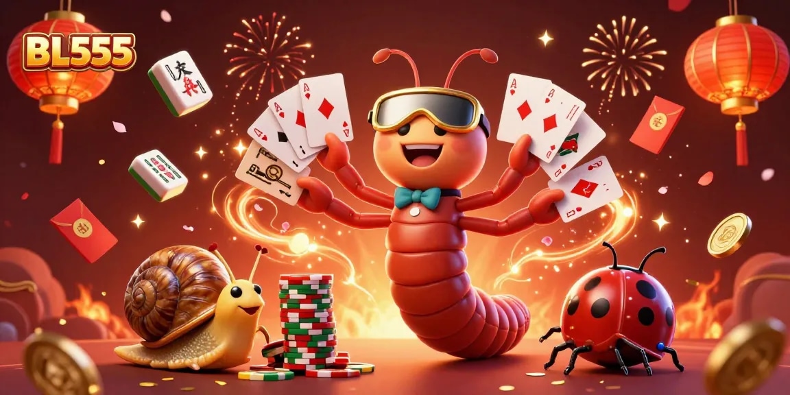 Experience winning at BL555 with a fun casino scene of a dealer and high-roller characters surrounded by festive elements.