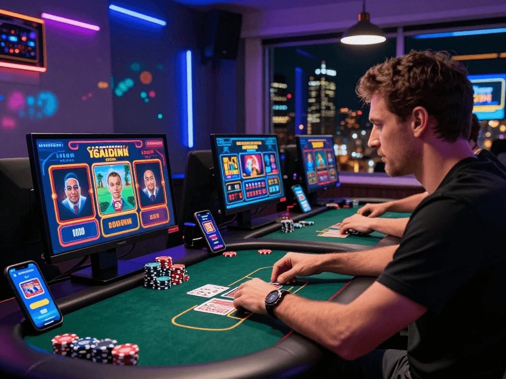 Engaged player enjoying rokok88 online casino games at night with colorful displays.