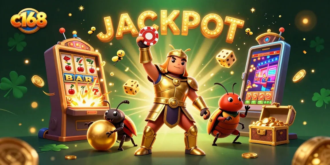Engage with thrilling casino action at c168 showcasing a heroic beetle in a vibrant jackpot scene.