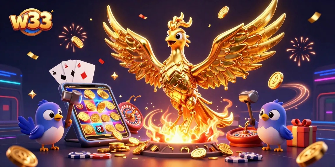 Experience winning at w33 with a vibrant scene of golden phoenix, lively casino elements.