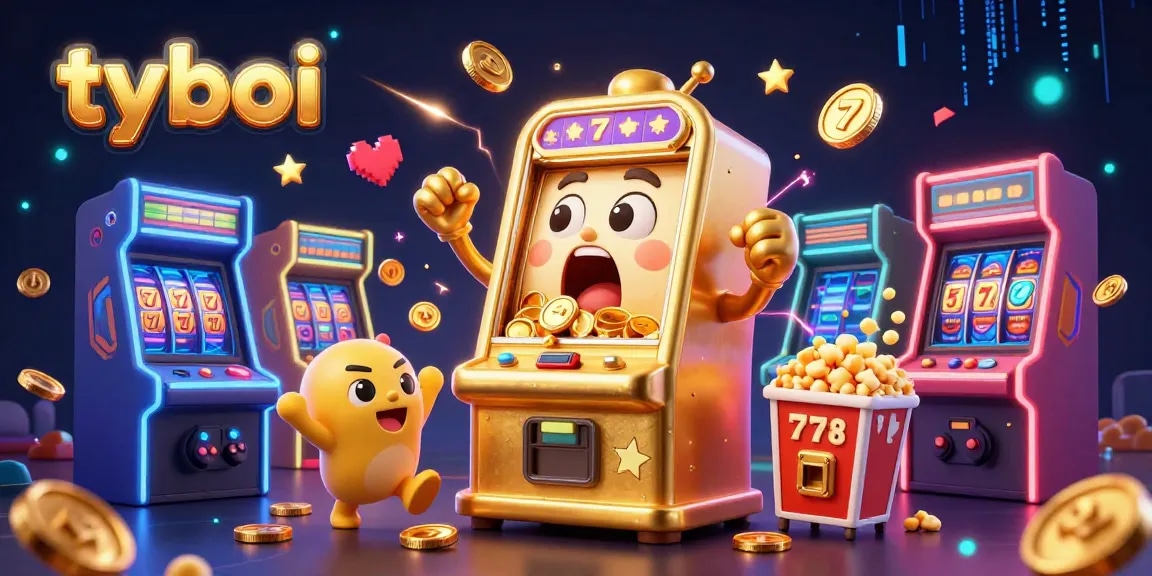 Experience thrilling gaming action with tyboi, featuring a golden slot machine hitting the jackpot amid cheering baby slots and golden popcorn kernels.