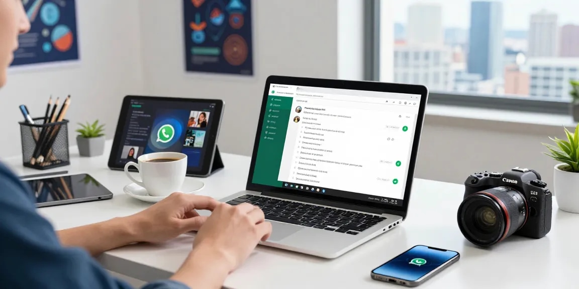 Using WhatsApp網頁版 on a modern laptop in a vibrant workspace, showcasing chat interactions and tech gadgets.