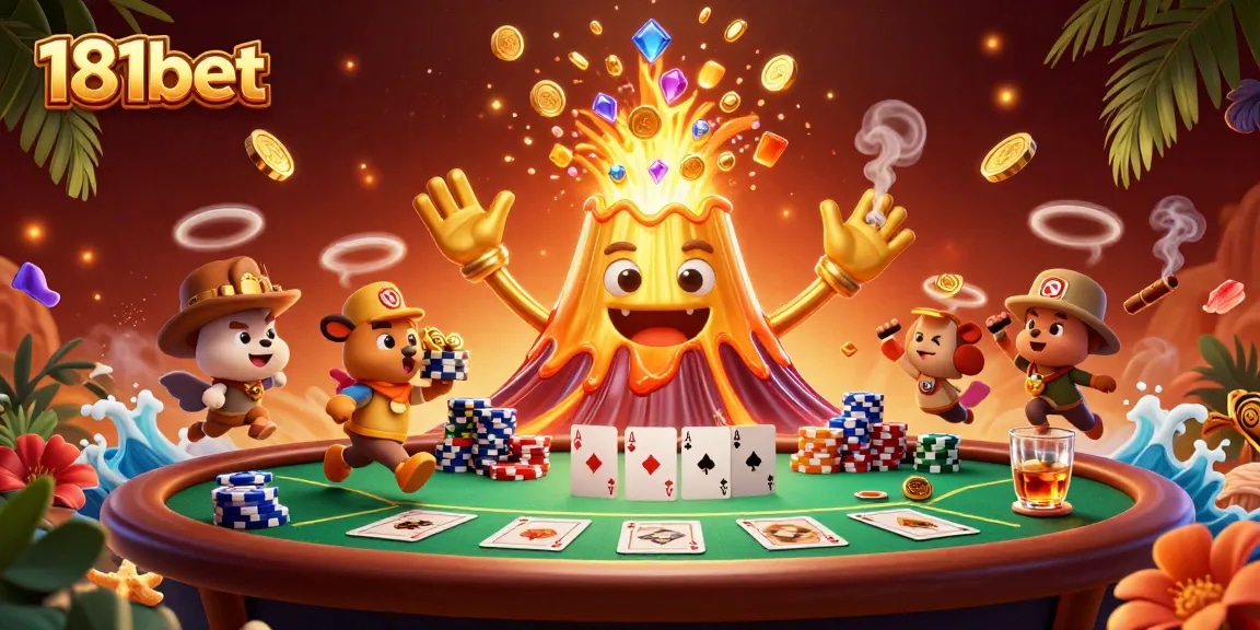 Experience thrilling wins at 181bet as golden treasures erupt from the fiery volcano, surrounded by poker action.