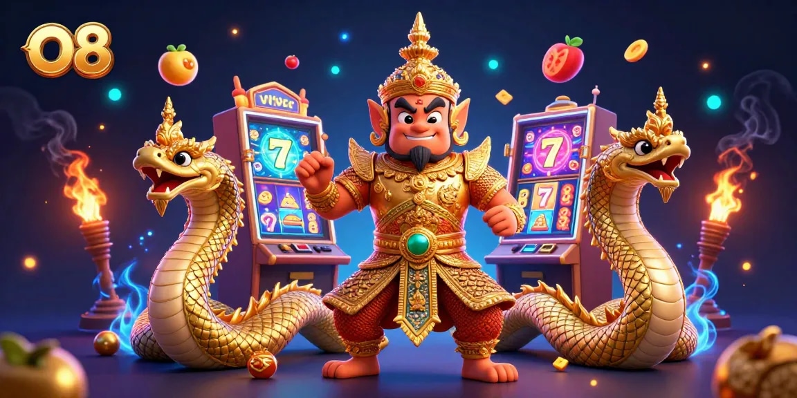 Experience a thrilling O8 casino adventure with a 3D yaksha guardian surrounded by vibrant slot machines.