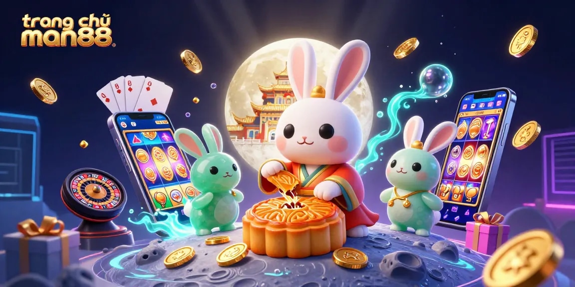 Experience the enchanting trang chủ man88 with a moon rabbit and casino themes in a vibrant 3D illustration.