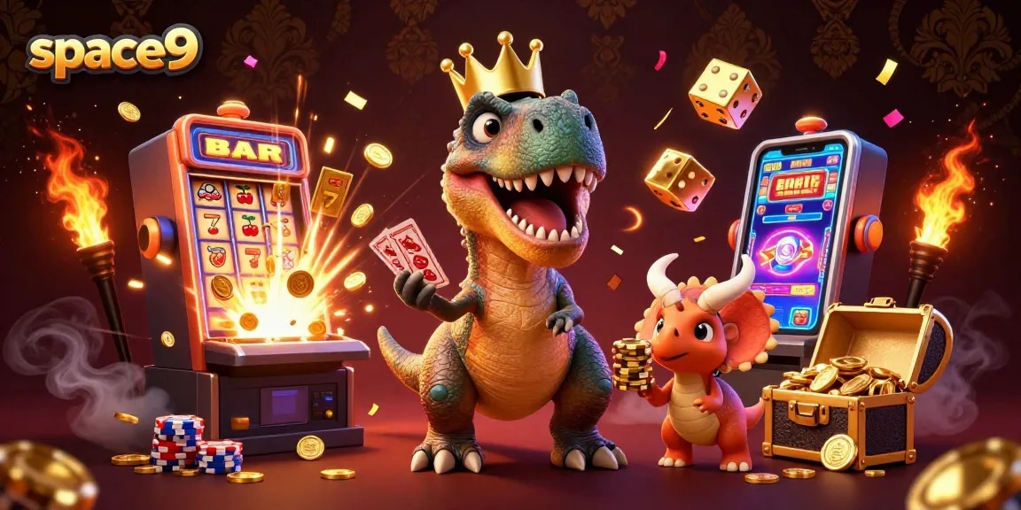 Spin jackpots at space9 with a cartoon T-Rex shuffling cards and a baby triceratops stacking chips.