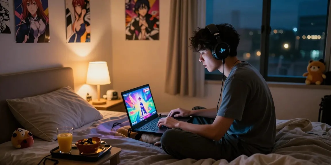 Engaged gamer playing free hentai games on a laptop in a cozy bedroom.