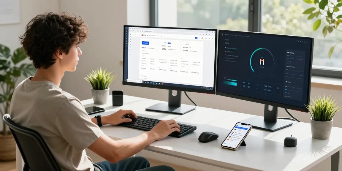 Young professional exploring the快连 network acceleration application in a modern workspace.