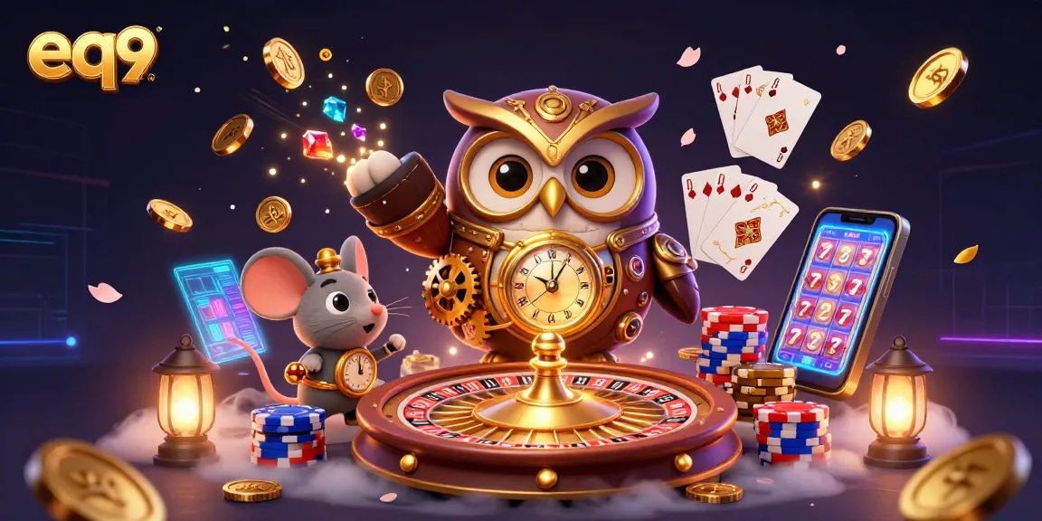 Spin and win at eq9's digital casino with vibrant elements and whimsical characters.