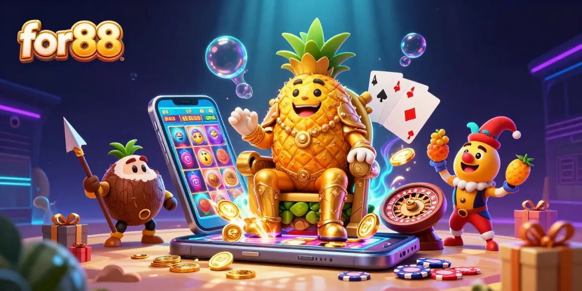 Experience the vibrant world of for88 with a golden pineapple king and extravagant casino elements in 3D.
