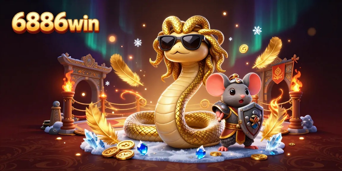 Experience thrilling gameplay at 6886win with Medusa and warrior mouse amidst golden treasures and vibrant casino elements.