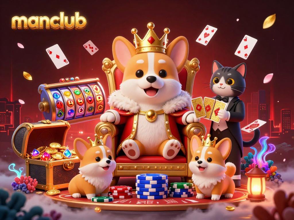 manclub's thrilling scene features a royal corgi king with poker chips and a cat butler presenting a golden card deck.