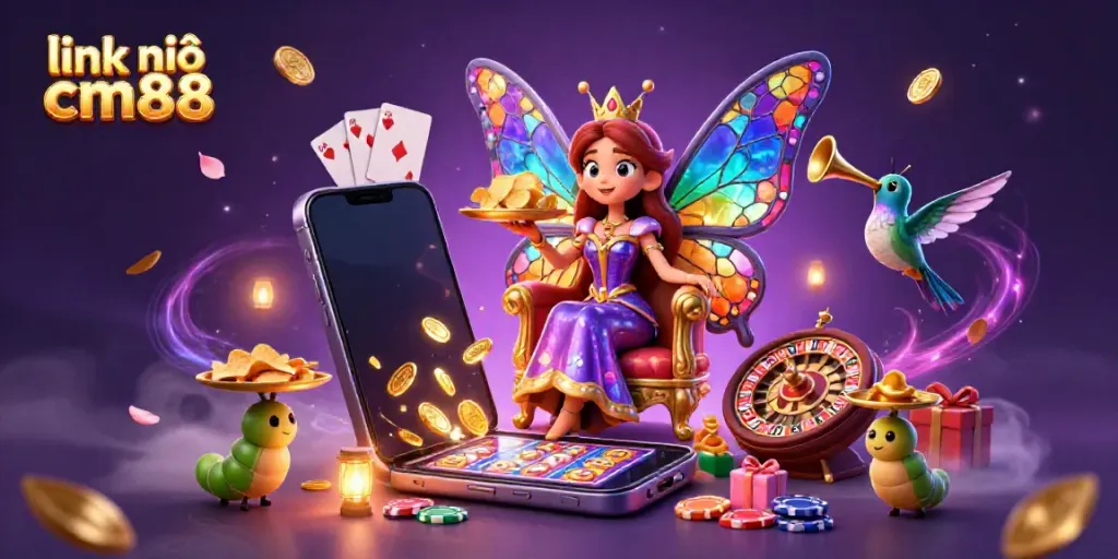 Spin and win with the vibrant casino scene showcasing the link vào cm88, featuring lucky symbols and a captivating butterfly queen.