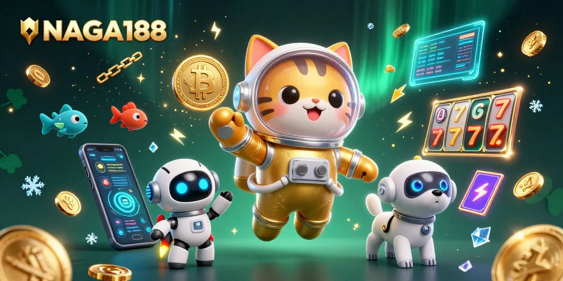 NAGA188 menampilkan kucing astronot 3D dalam jas emas dan anjing robot, dikelilingi elemen slot dan koin crypto.