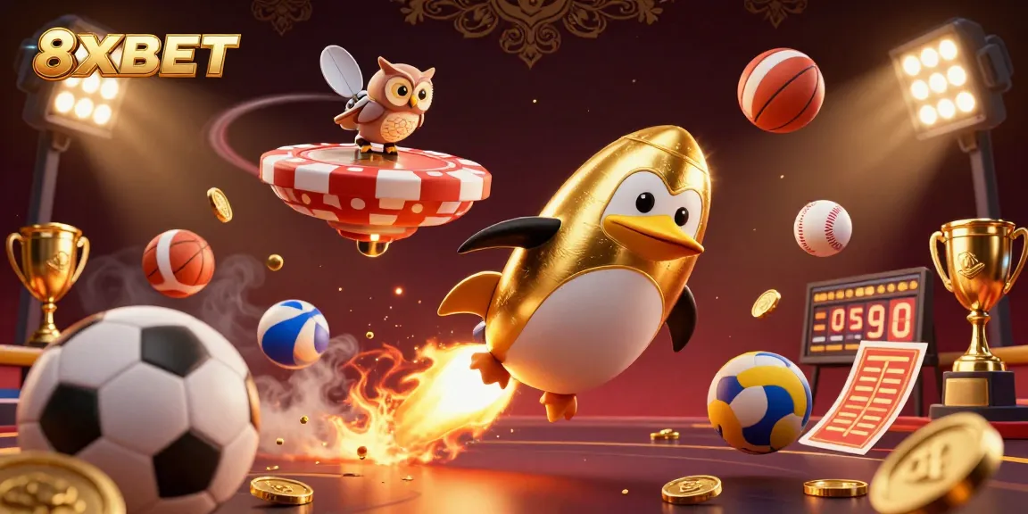 Experience thrilling gaming at 8XBET with captivating visuals featuring a cosmic penguin and dynamic sports elements.