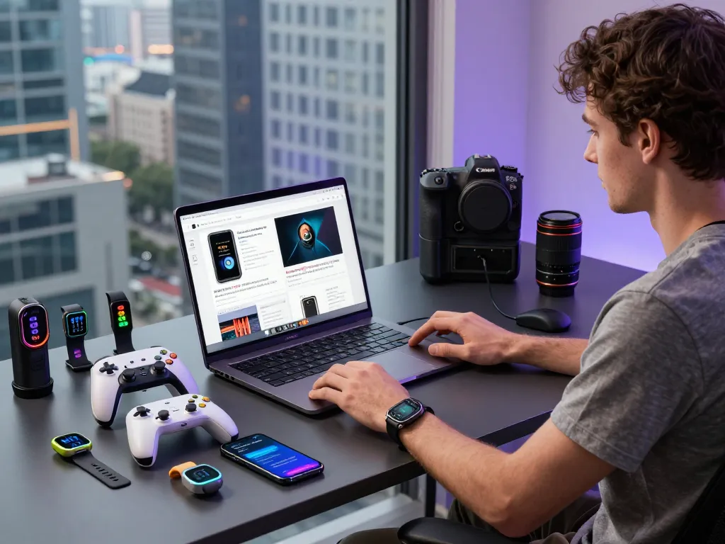 Showcasing best tech gadgets for men in a modern workspace with innovative Bluetooth devices.
