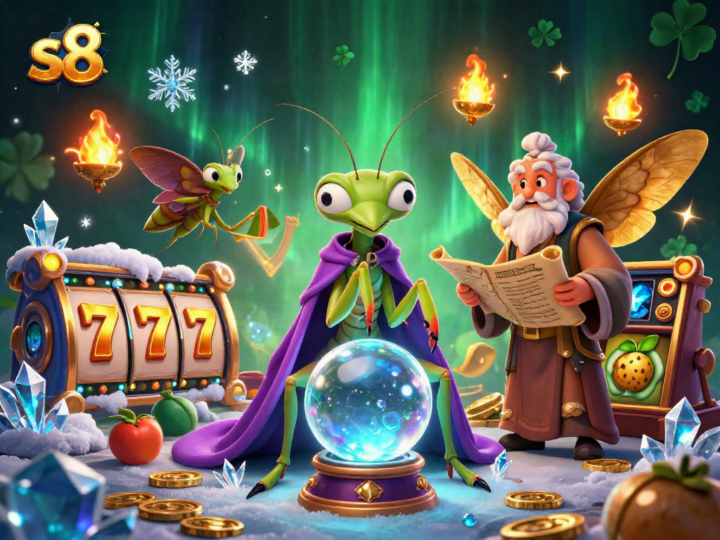 S8 slots and jackpots filled with colorful fruits, golden 7s, and luck with sparkling effects.