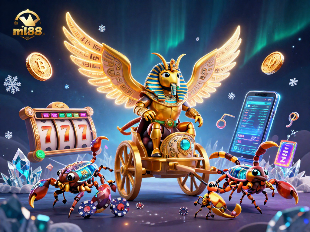 Win big at ml88 with a stunning illustration of a golden scarab and gaming elements.