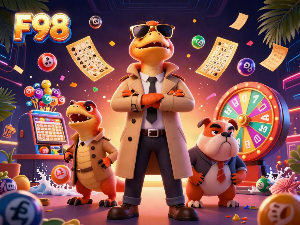 Win big with F98 in this vibrant 3D casino scene featuring lottery balls and raptors.