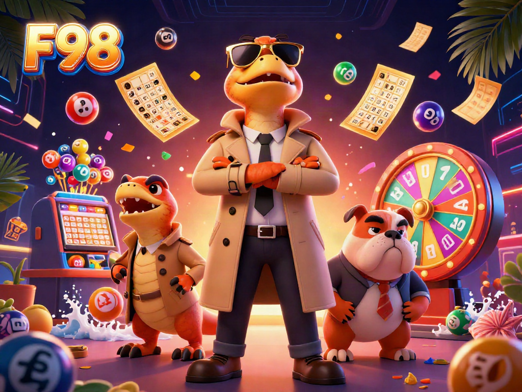 Win big with F98 in this vibrant 3D casino scene featuring lottery balls and raptors.