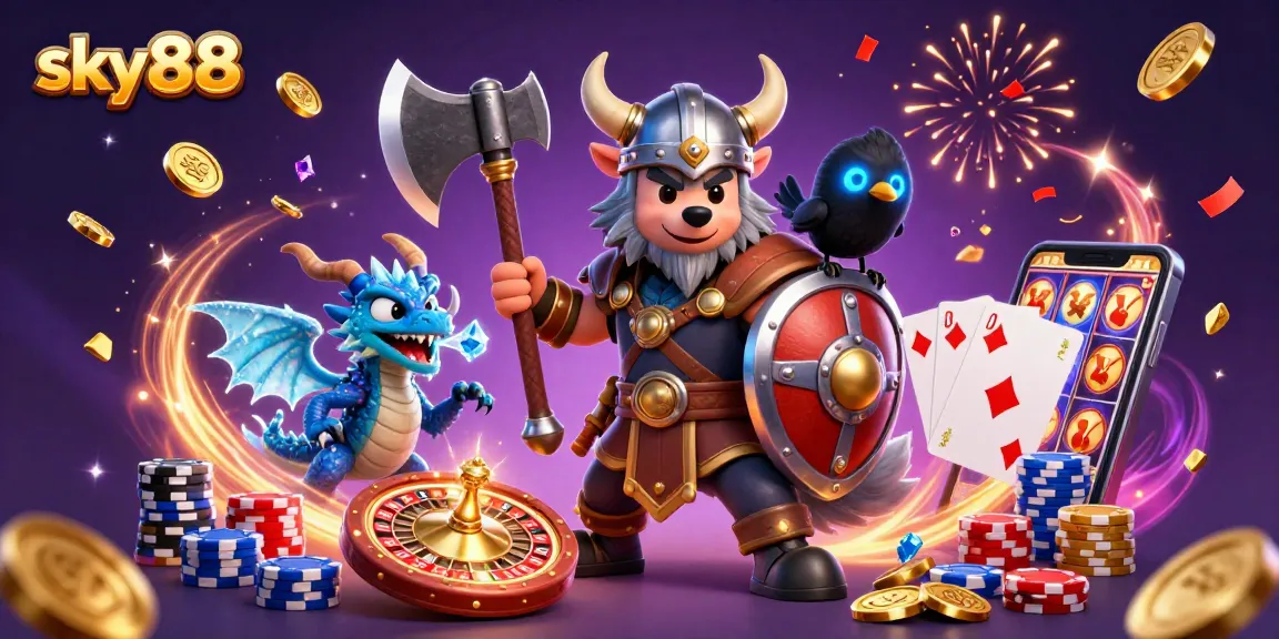 Experience thrilling games at sky88, featuring a Viking warrior, dragon, and casino elements.