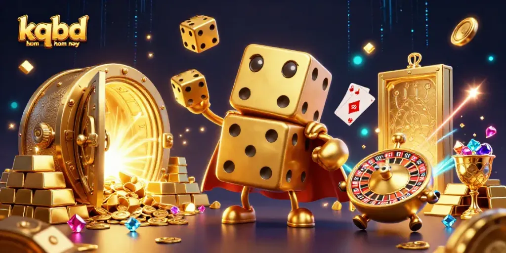 Experience the excitement of kqbd hom qua hom nay as a golden dice golem juggles treasures in a dazzling casino scene.