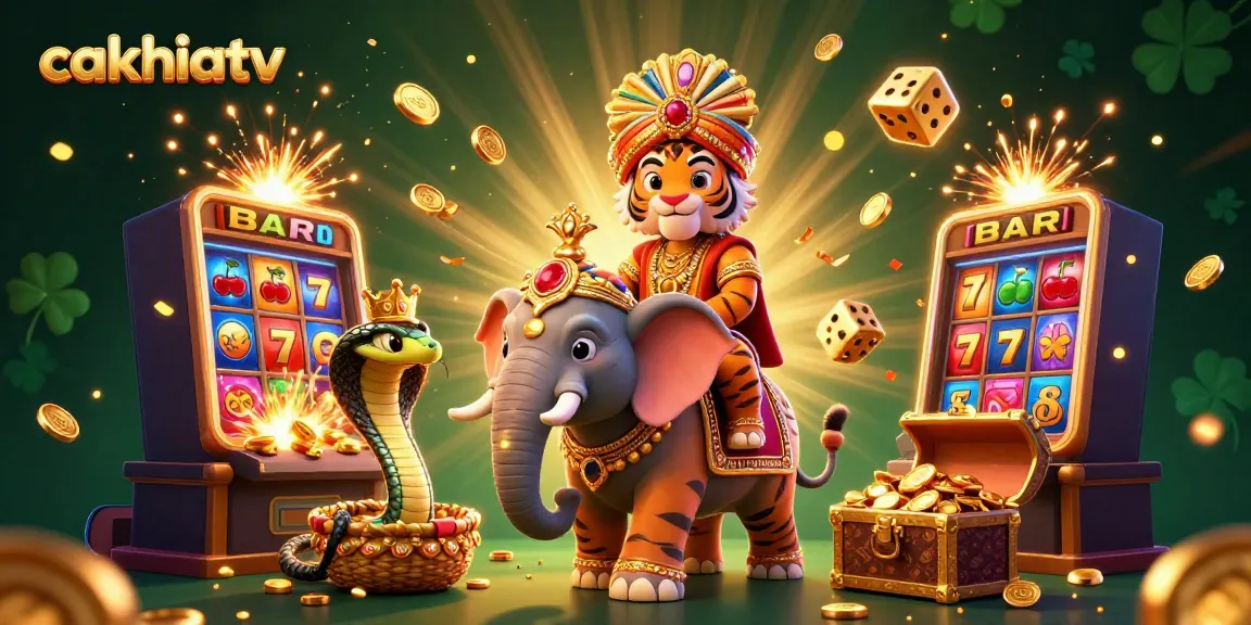 Experience exciting gaming with cakhiatv featuring dynamic 3D casino scene filled with vibrant elements.