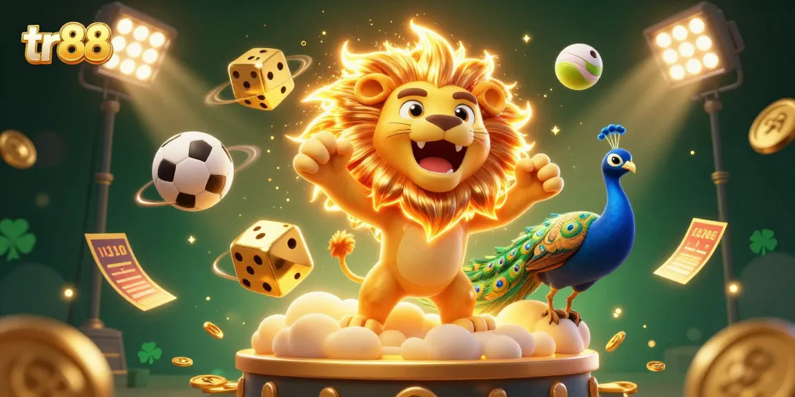 Bet on tr88 with thrilling 3D casino illustration showcasing dynamic sports elements and radiant characters.