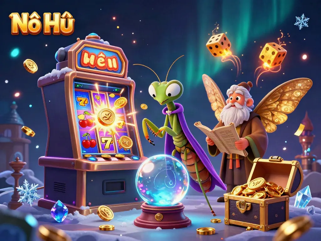 Nổ Hũ jackpot scene with a praying mantis fortune teller, moth librarian, and dynamic slot machine elements