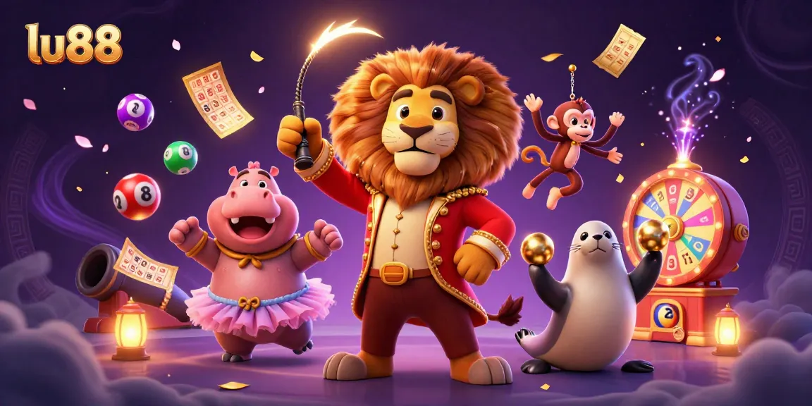 Engage with exciting games at lu88 with a vibrant circus-themed digital illustration.