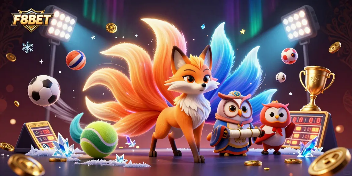 Experience thrilling adventures with F8BET in this vibrant casino scene featuring dynamic sports elements and spirit characters.