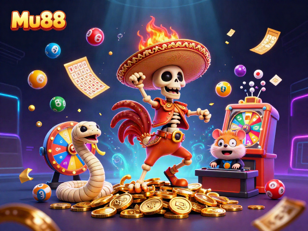 Mu88 showcases a vibrant scene with a skeleton mariachi dancing over coins amidst lottery excitement.