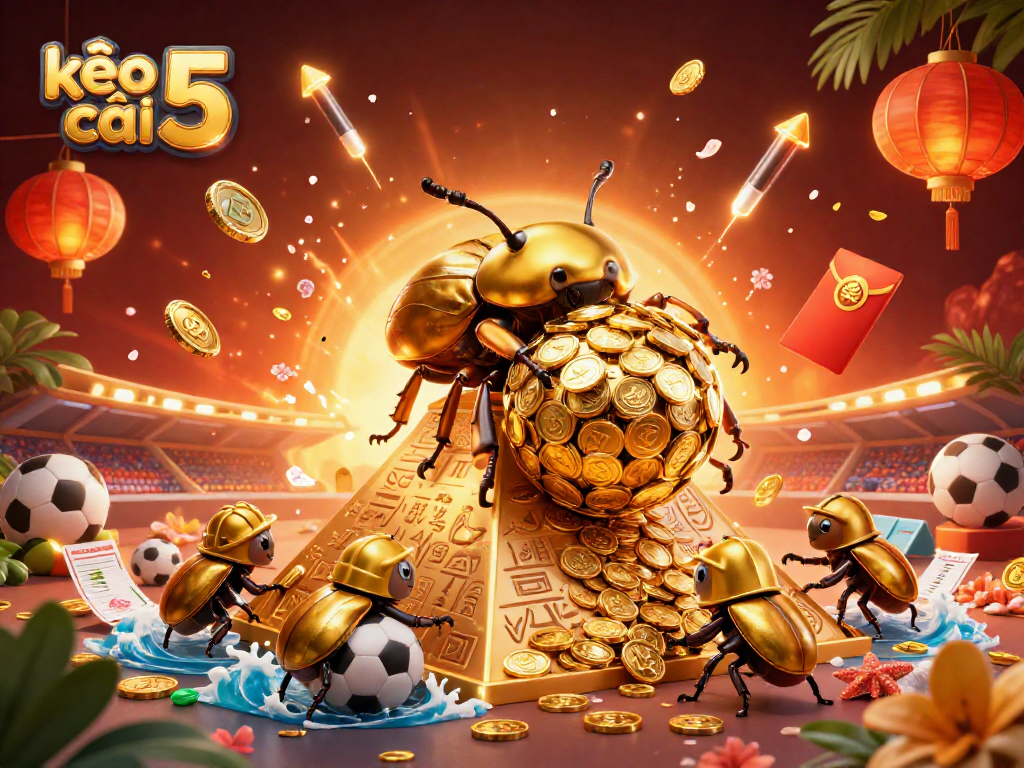 Engage with kèo nhà cái 5 while a golden dung beetle rolls coins, surrounded by sports elements.
