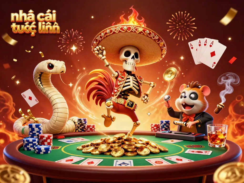 Engaging scene showcasing nhà cái trực tuyến with a festive atmosphere, featuring vibrant characters and casino elements.