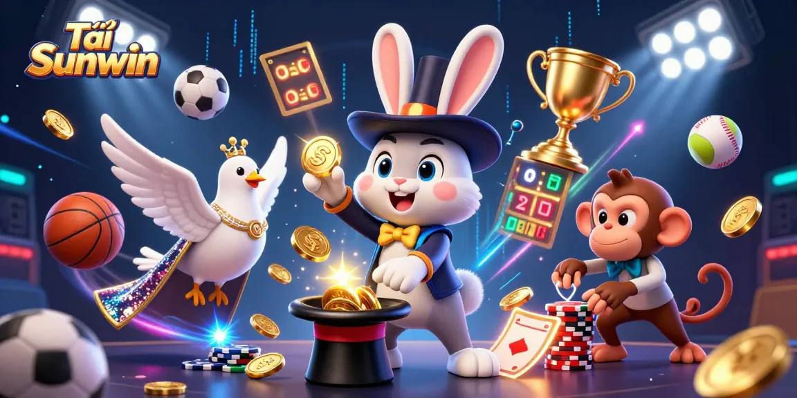 Tải Sunwin captivates with a 3D scene featuring a magician rabbit, a sequined dove, and a monkey amidst dazzling gambling elements.